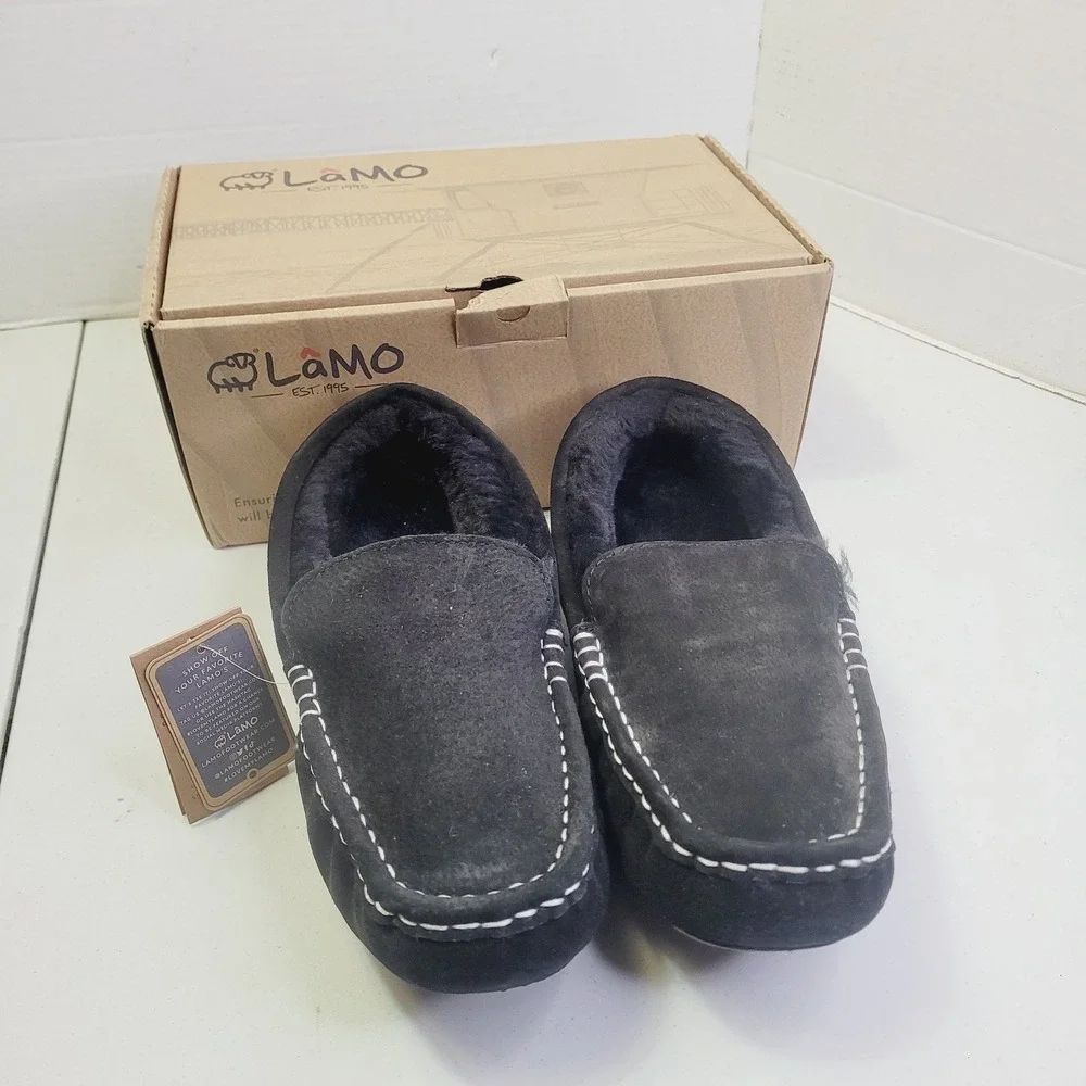 Lamo Men's Moccasin Slippers Size 11 Black Suede Faux Fur Lined House Shoes